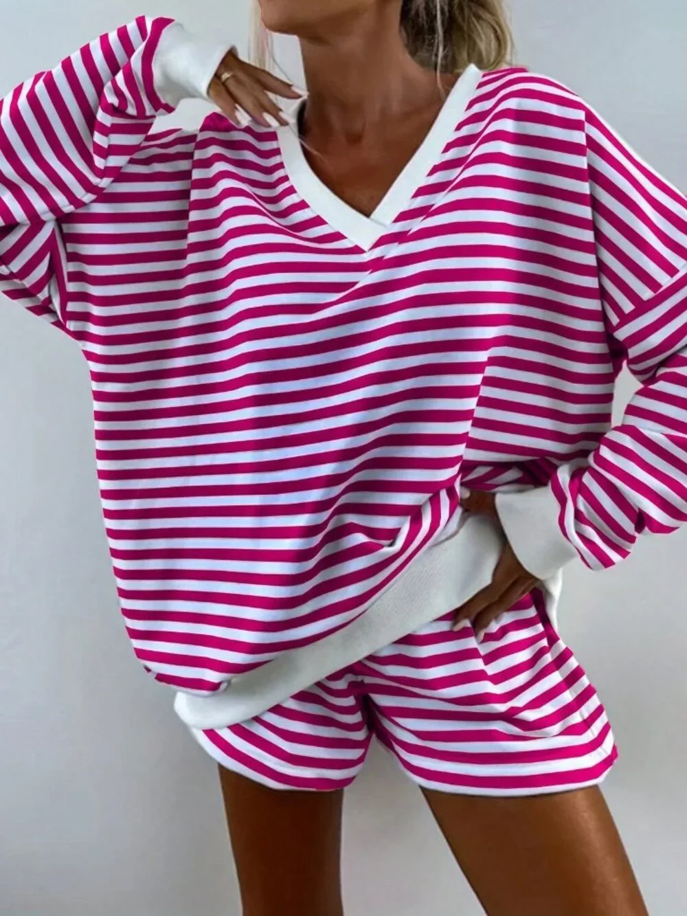 Purple Striped Women's Sleeve Top & Shorts Lounge Set